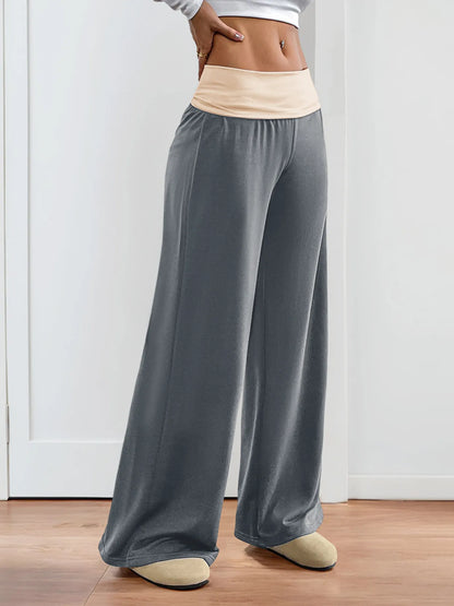 Contrast Waistband Wide Leg Pants -