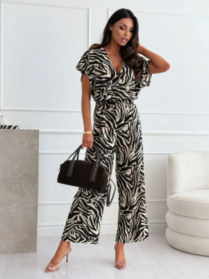 Leopard Print Wide Leg Jumpsuit - Black