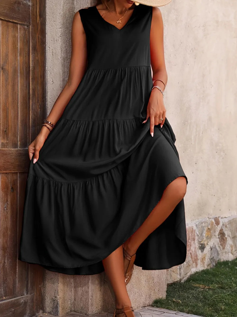 Tiered V-Neck Sleeveless Dress -