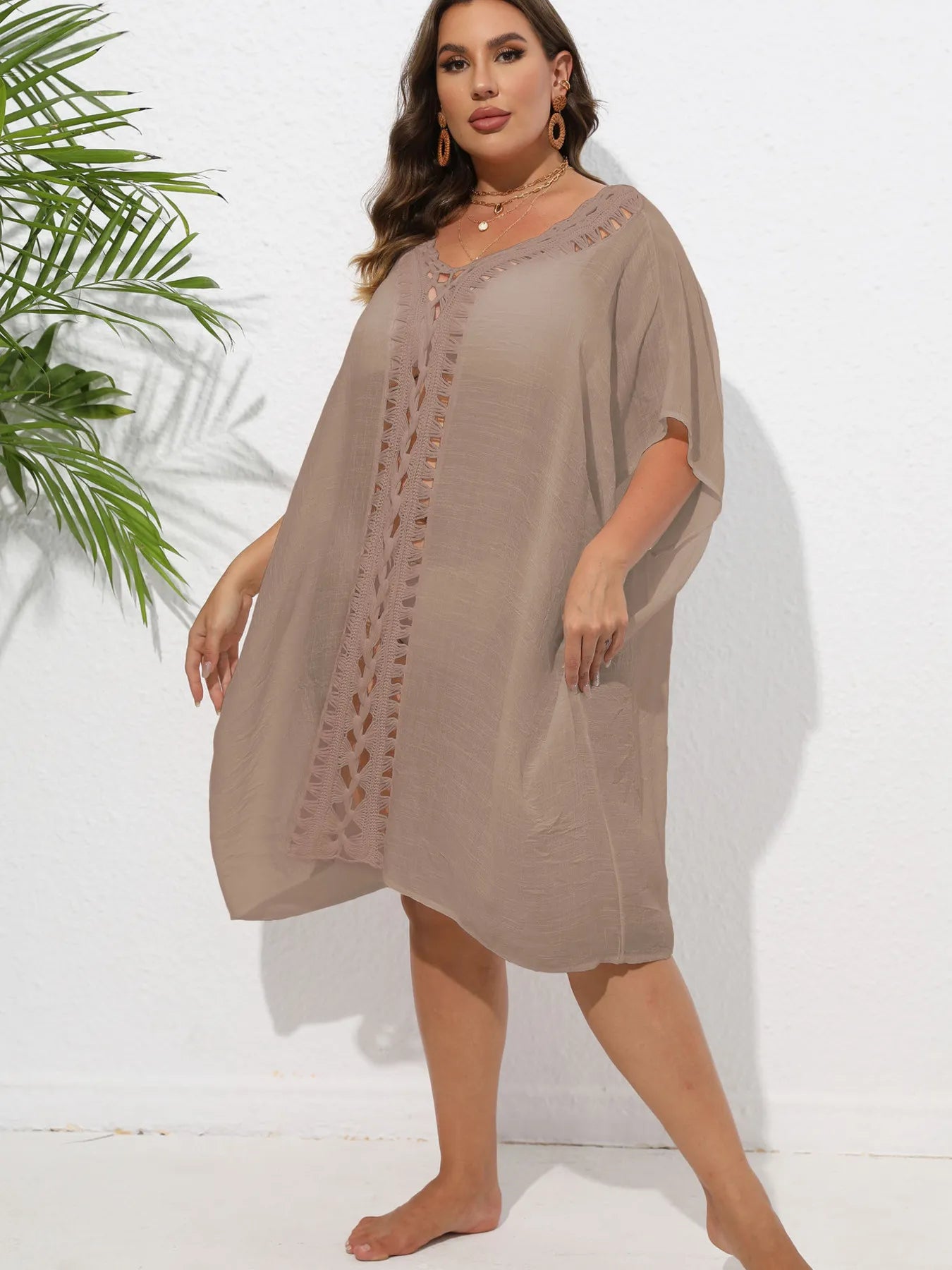 Crochet Trim V-Neck Beach Cover-Up Dress -