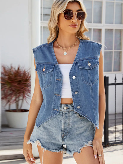 Pocketed Button Up Sleeveless Denim Jacket -