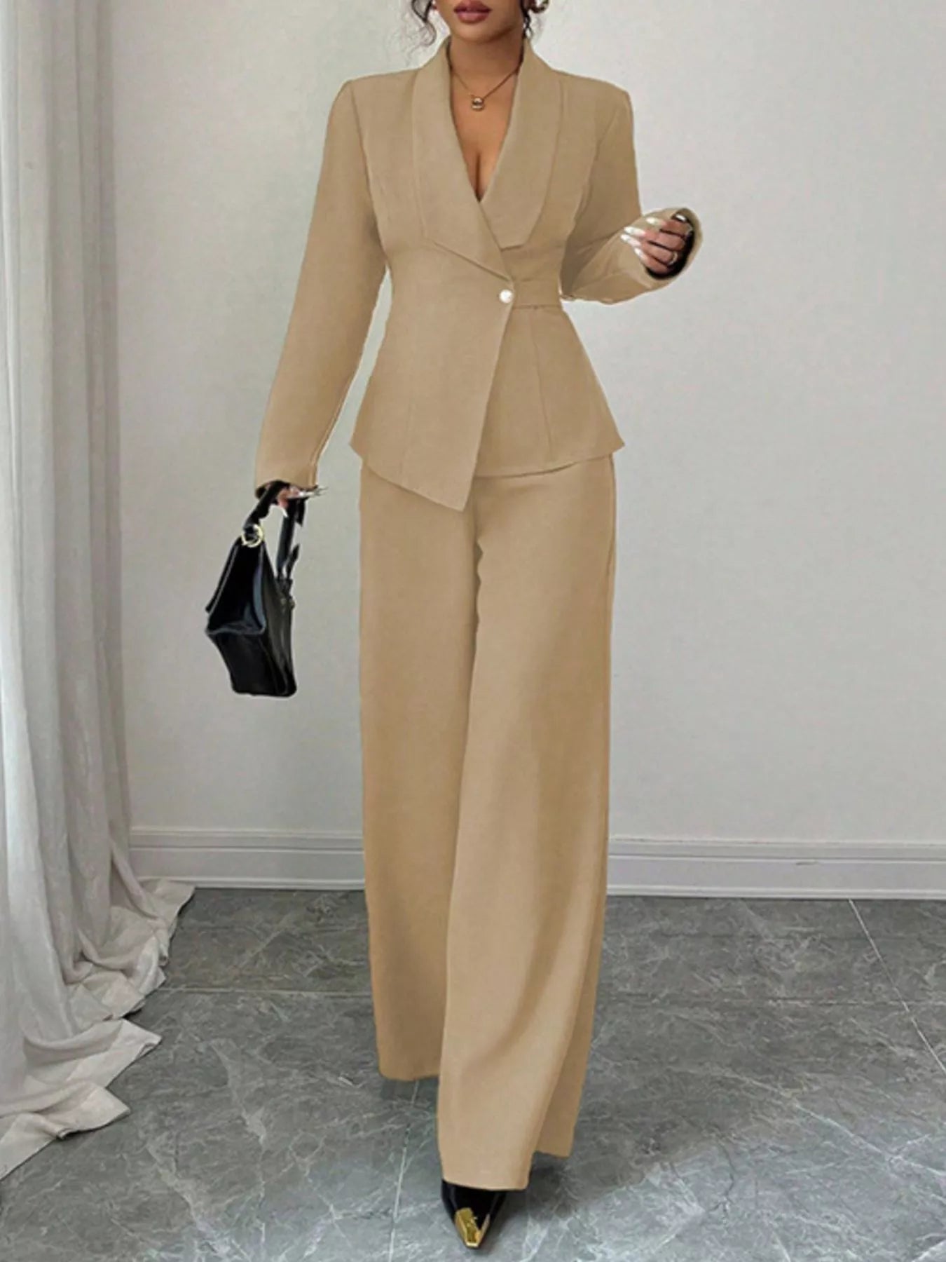 One Button Blazer and Pants Set - Khaki