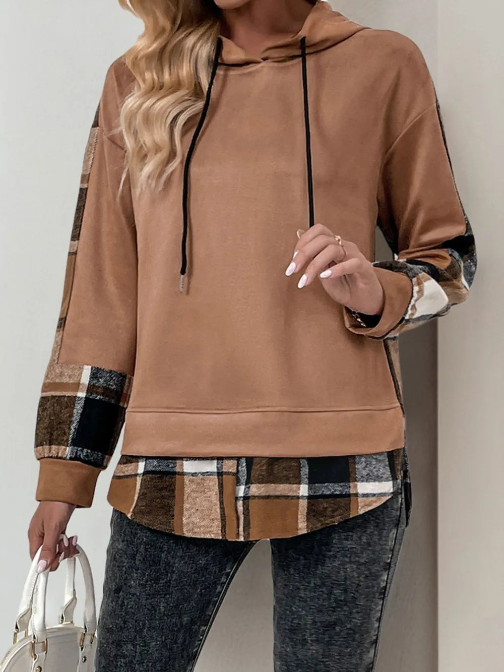 Drawstring Plaid Long Sleeve Hoodie -