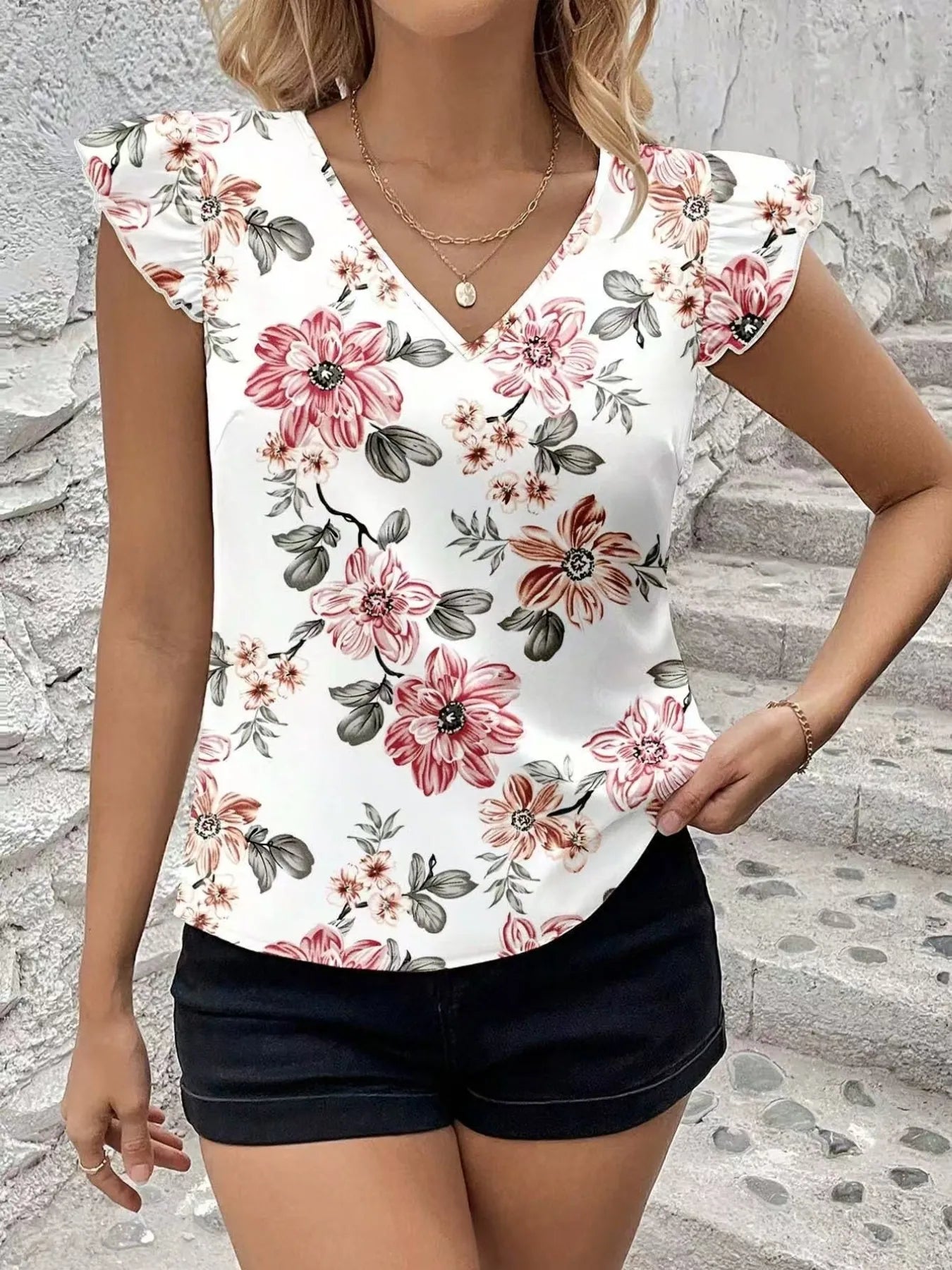 Floral Print Ruffle Sleeve V-Neck Blouse - White