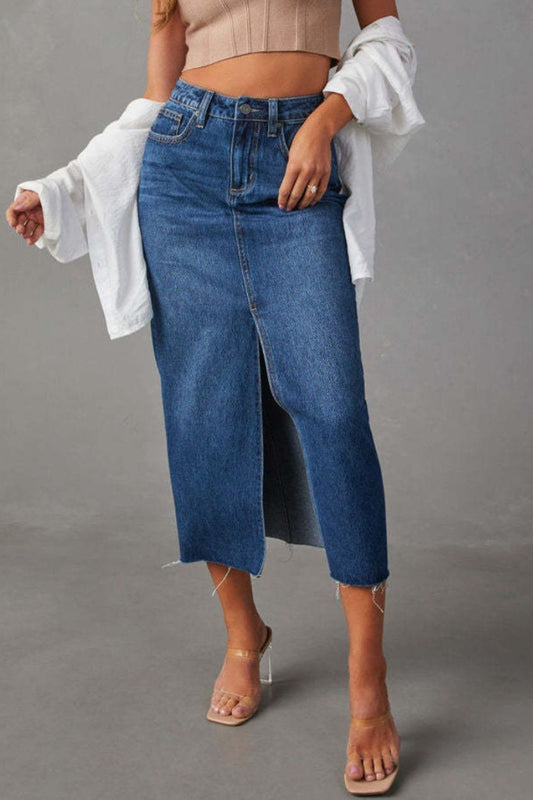 Slit Raw Hem Midi Denim Skirt - Dark Blue