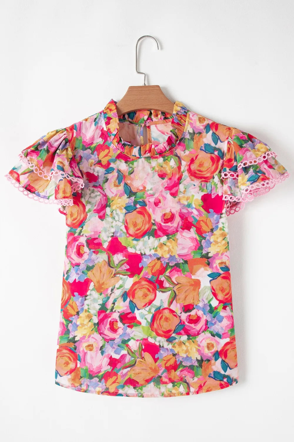 Lace Trim Ruffle Cap Sleeve Floral Blouse -