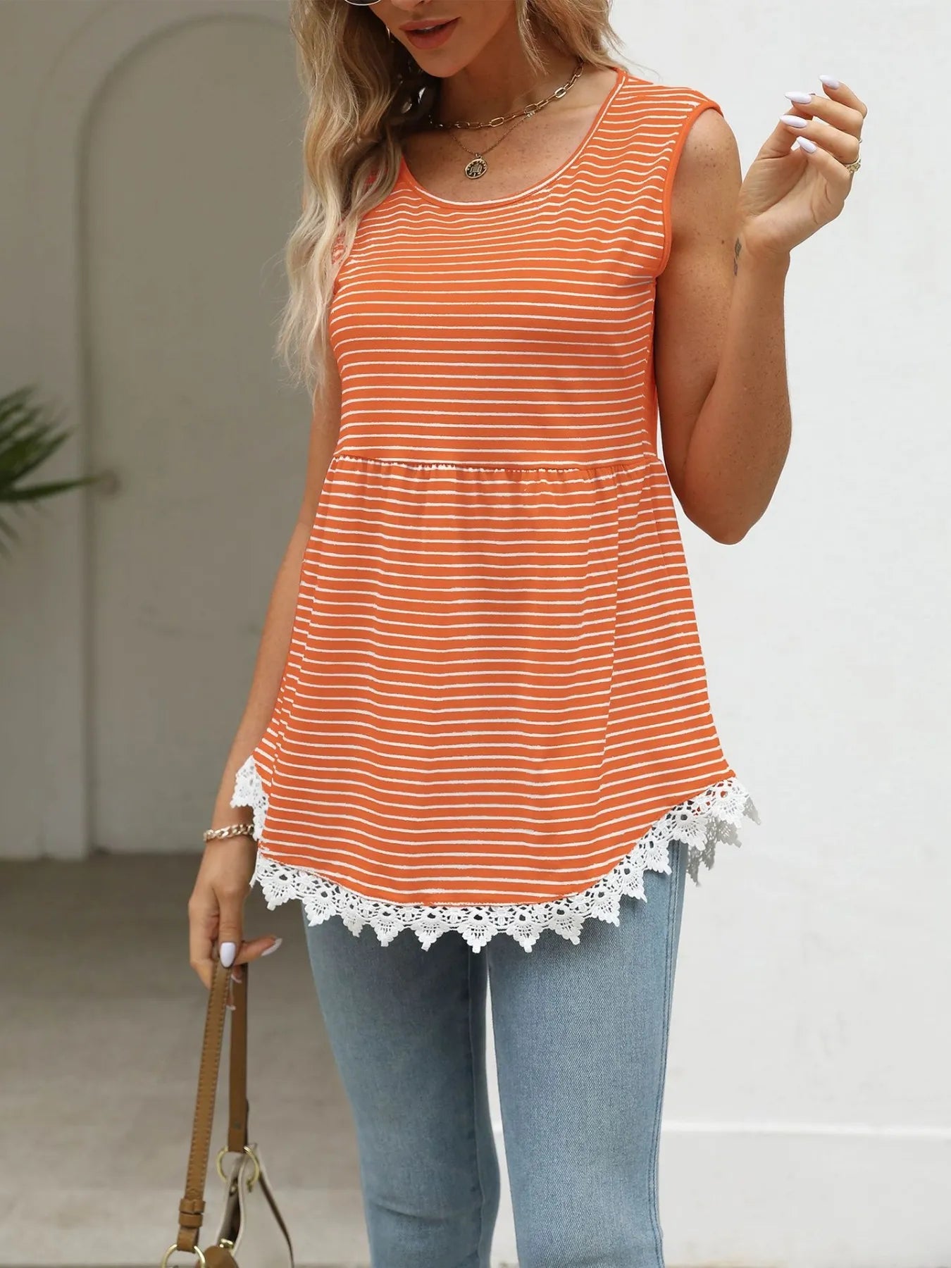 Lace Trim Sleeveless Babydoll Tank Top - Orange