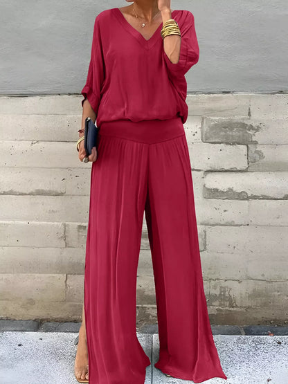 V-Neck Top and Wide Leg Pants Two-Piece Set -
