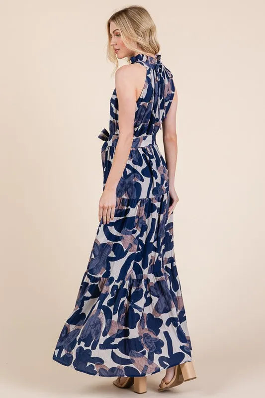 Abstract Halter Neck Tie-Waist Maxi Dress -