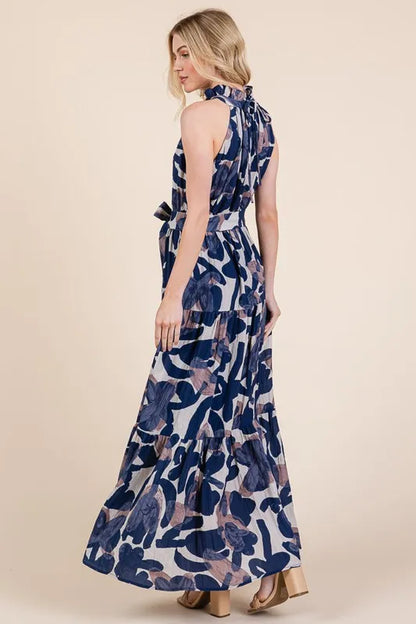 Abstract Halter Neck Tie-Waist Maxi Dress -