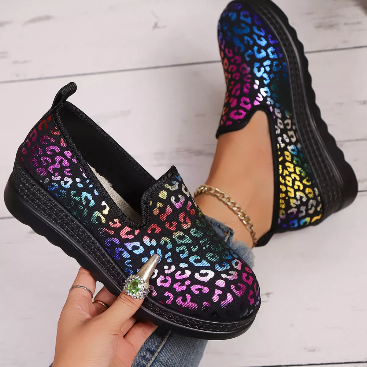 Leopard Round Toe Wedge Slip-Ons -