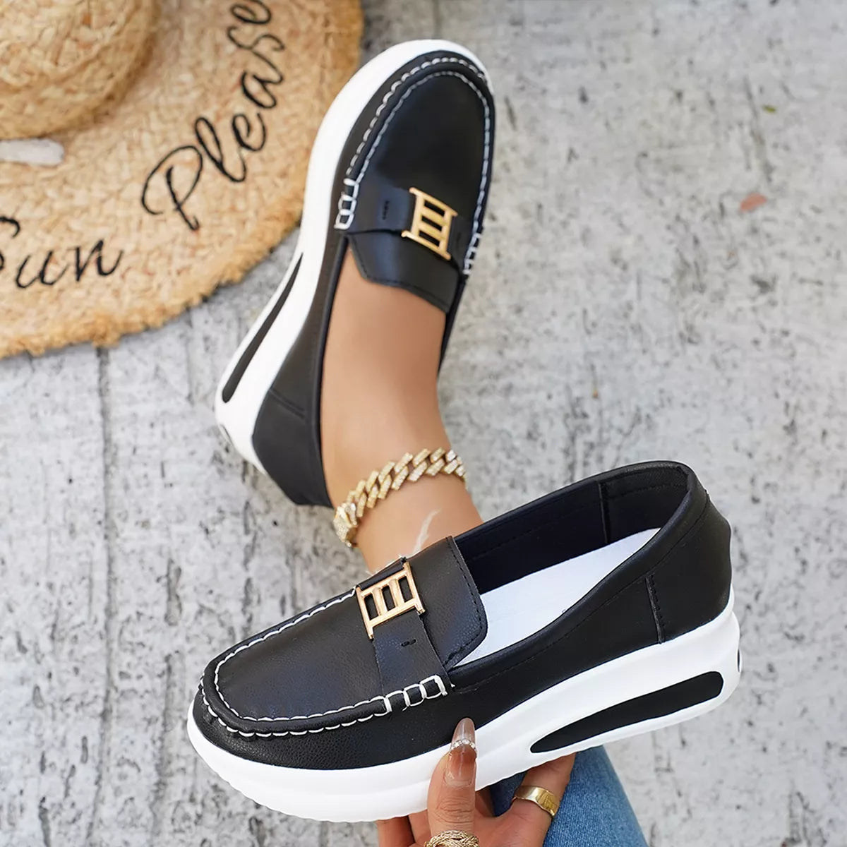 Metal Buckle Round Toe Slip-Ons -