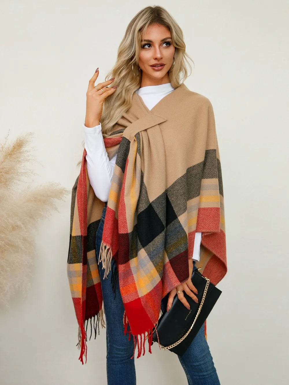 Fringe Contrast Plaid Poncho - Sherbet One Size