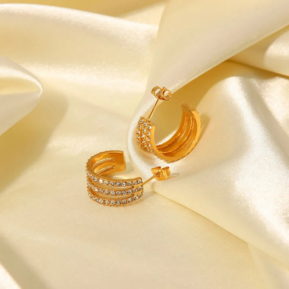 Stainless Steel Inlaid Zircon C-Hoop Earrings - Gold One Size