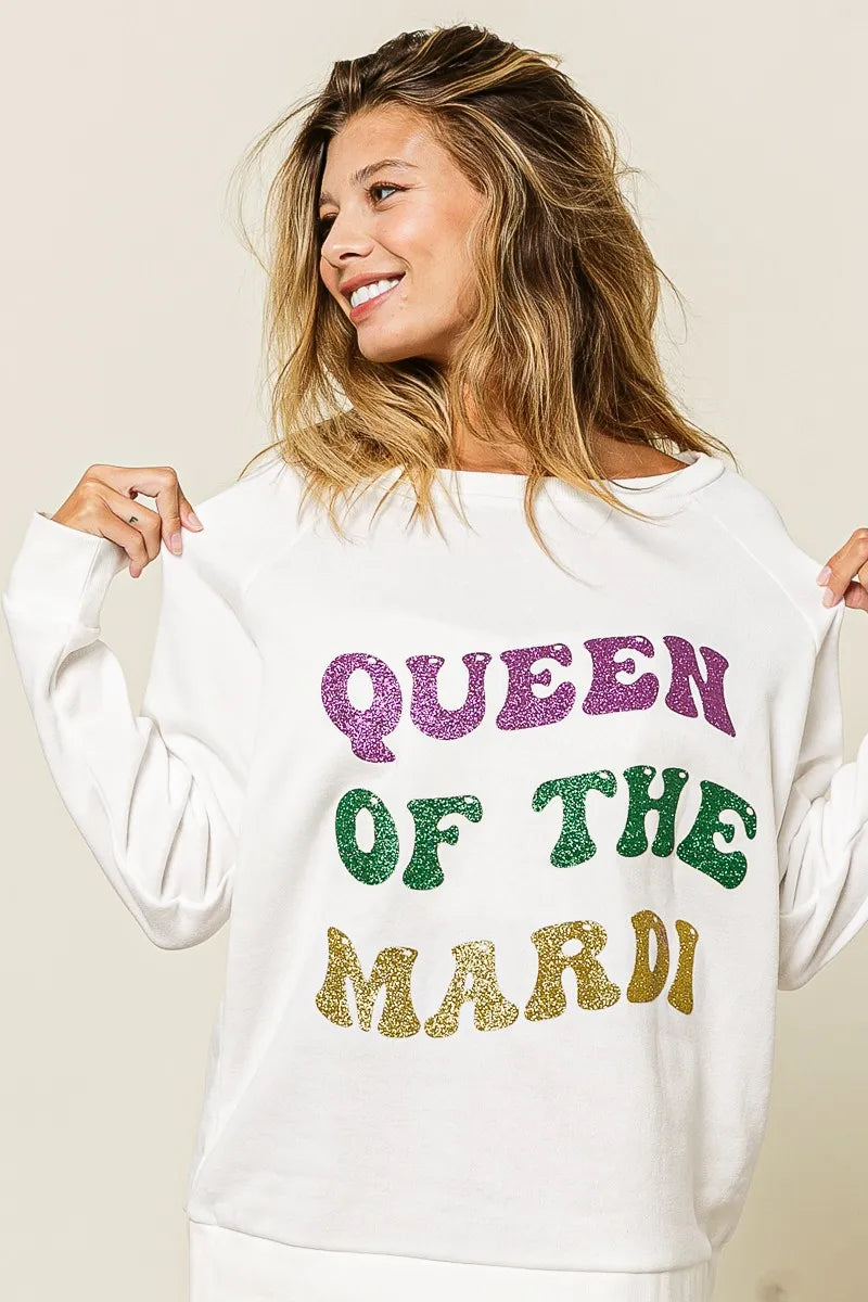 BiBi Queen Of Mardi Glitter Print Mardi Gras Sweatshirt -