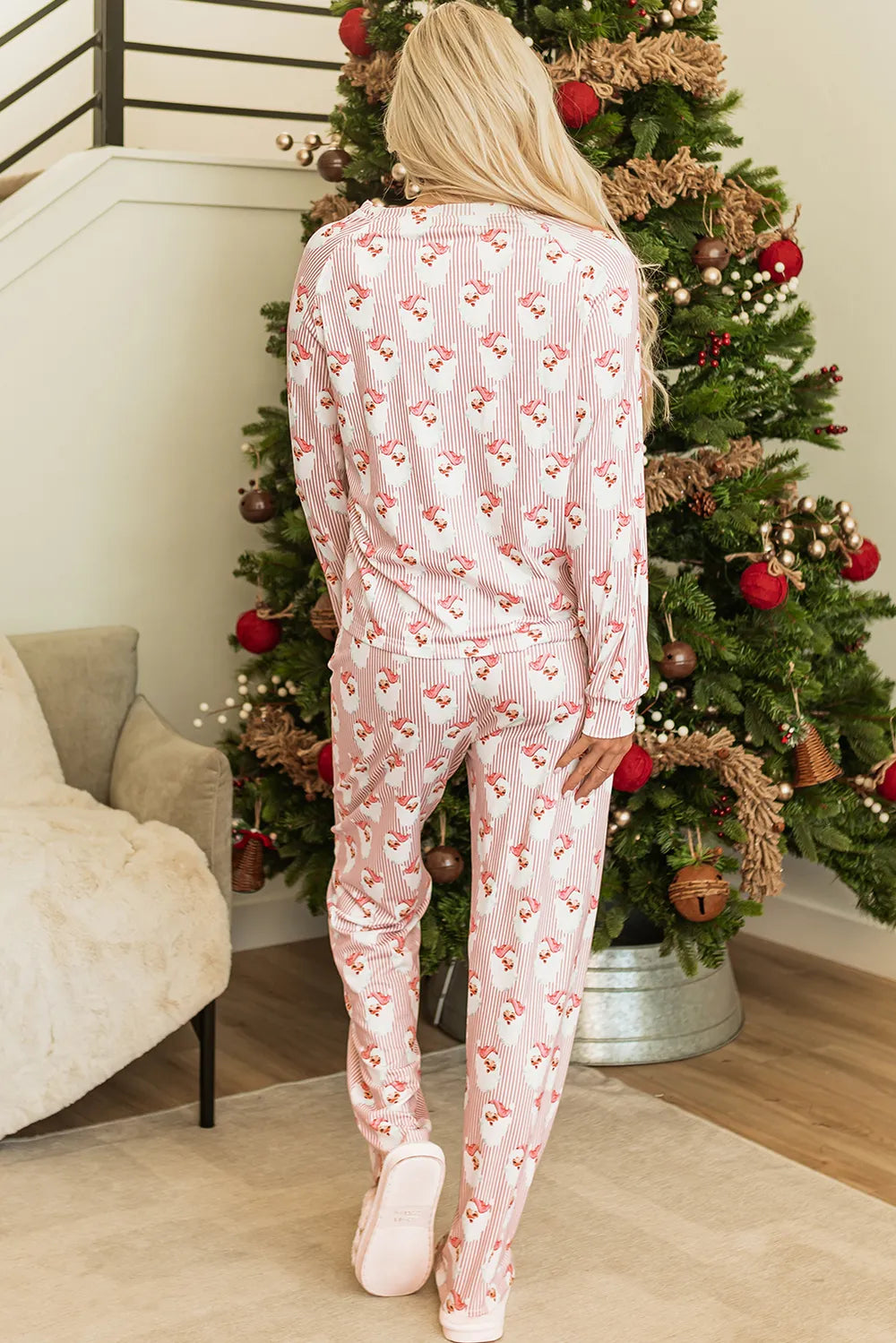 Santa Print Long Sleeve Top and Pants Lounge Set -