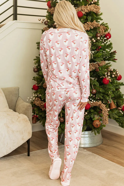 Santa Print Long Sleeve Top and Pants Lounge Set -
