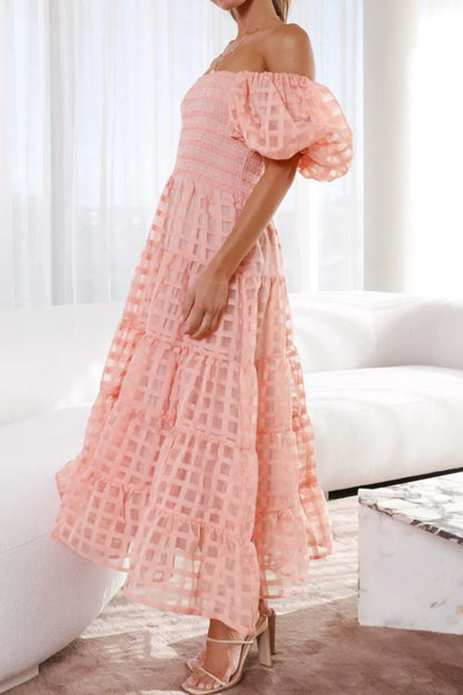 Off Shoulder Short Puff Sleeve Midi Dress -