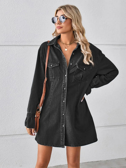 Pocketed Dropped Shoulder Mini Denim Dress -