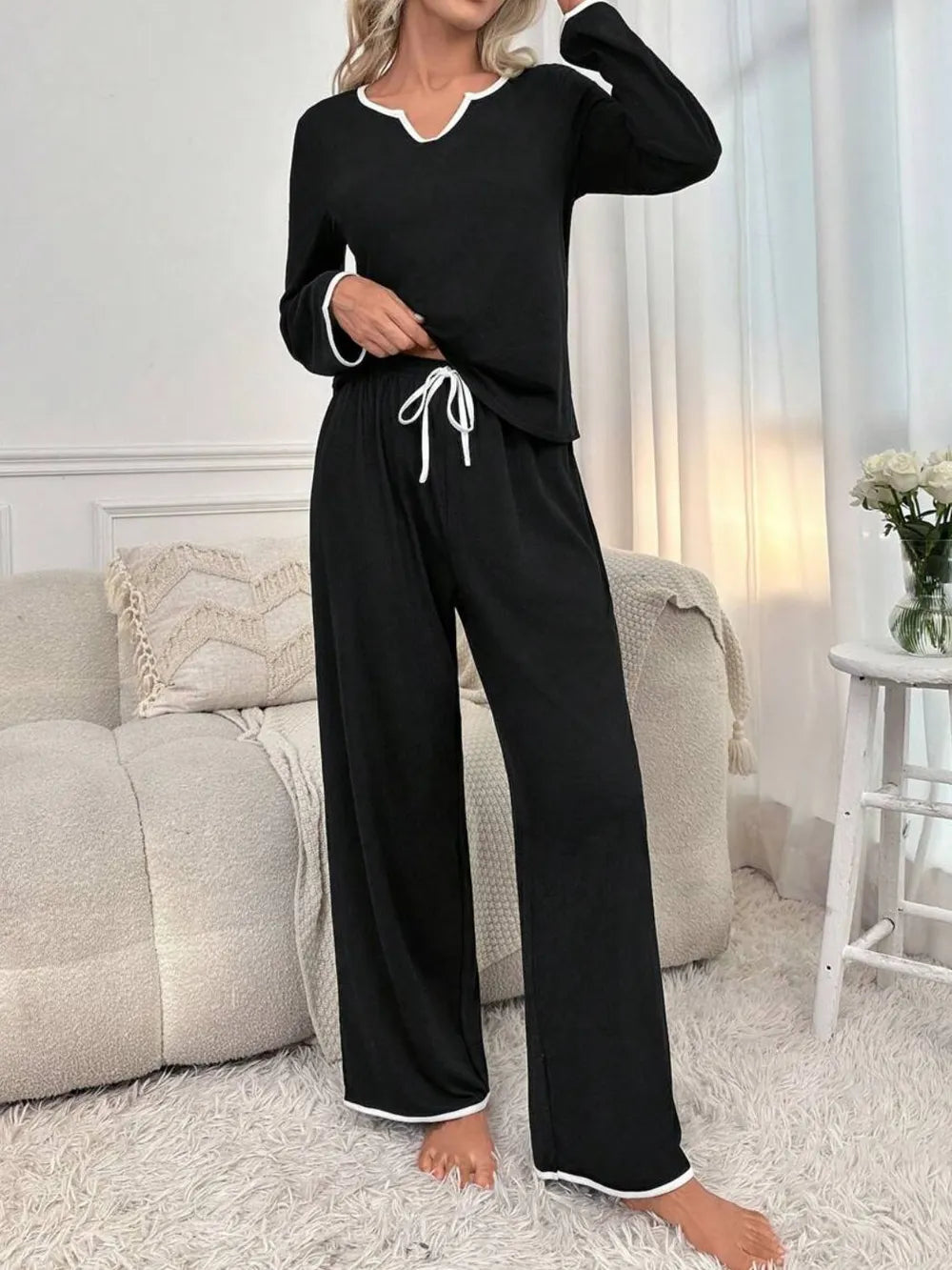 Contrast Trim Notched Long Sleeve Top and Pants Lounge Set - Black