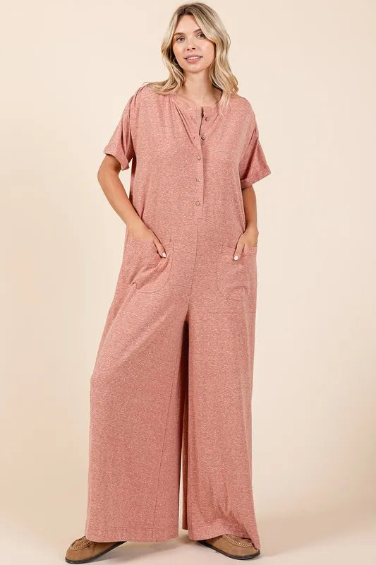 Button Detail Short Sleeve Wide Leg Jumpsuit -