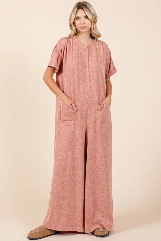 Button Detail Short Sleeve Wide Leg Jumpsuit - Ginger