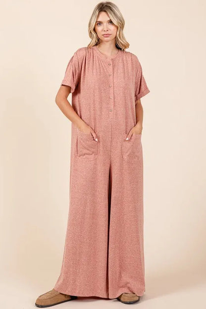 Button Detail Short Sleeve Wide Leg Jumpsuit - Ginger