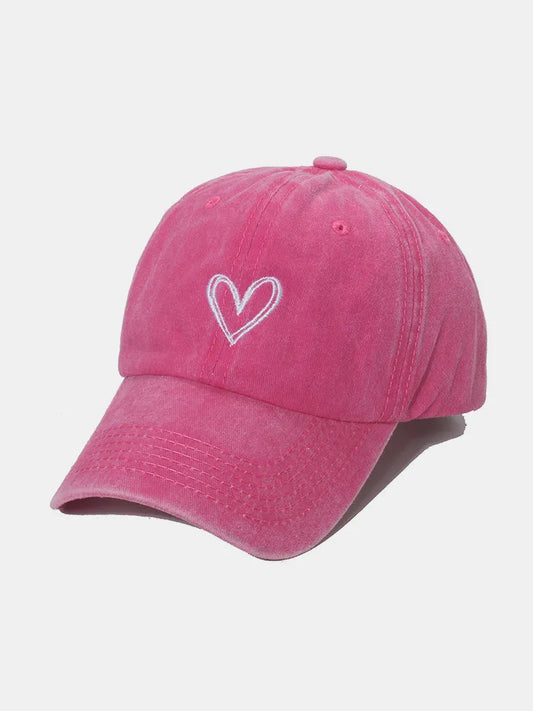 Embroidered Heart Washed Cotton Baseball Cap - Hot Pink One Size