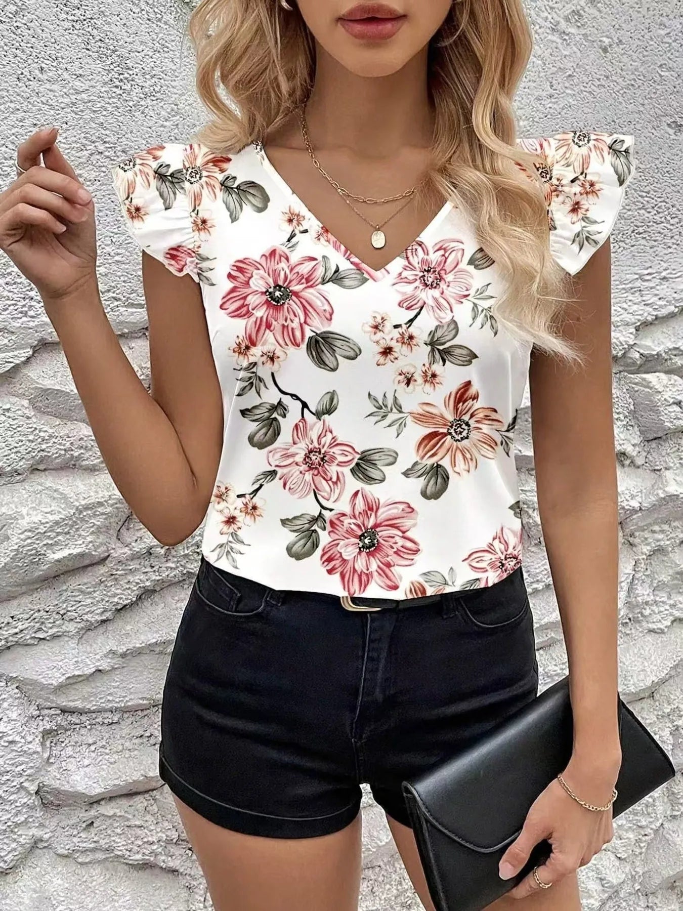 Floral Print Ruffle Sleeve V-Neck Blouse - White