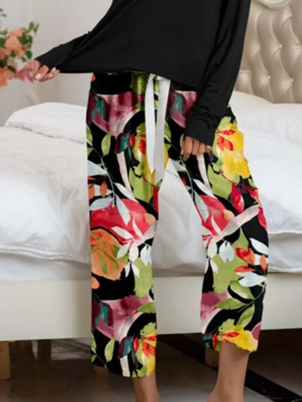 Round Neck Top and Printed Pants Lounge Set -
