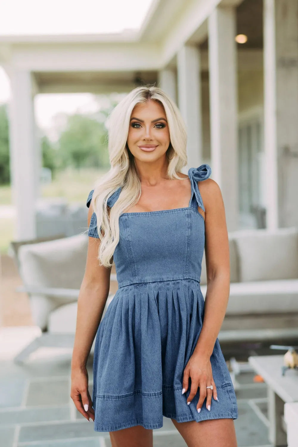 Square Neck Tie Shoulder Denim Dress -