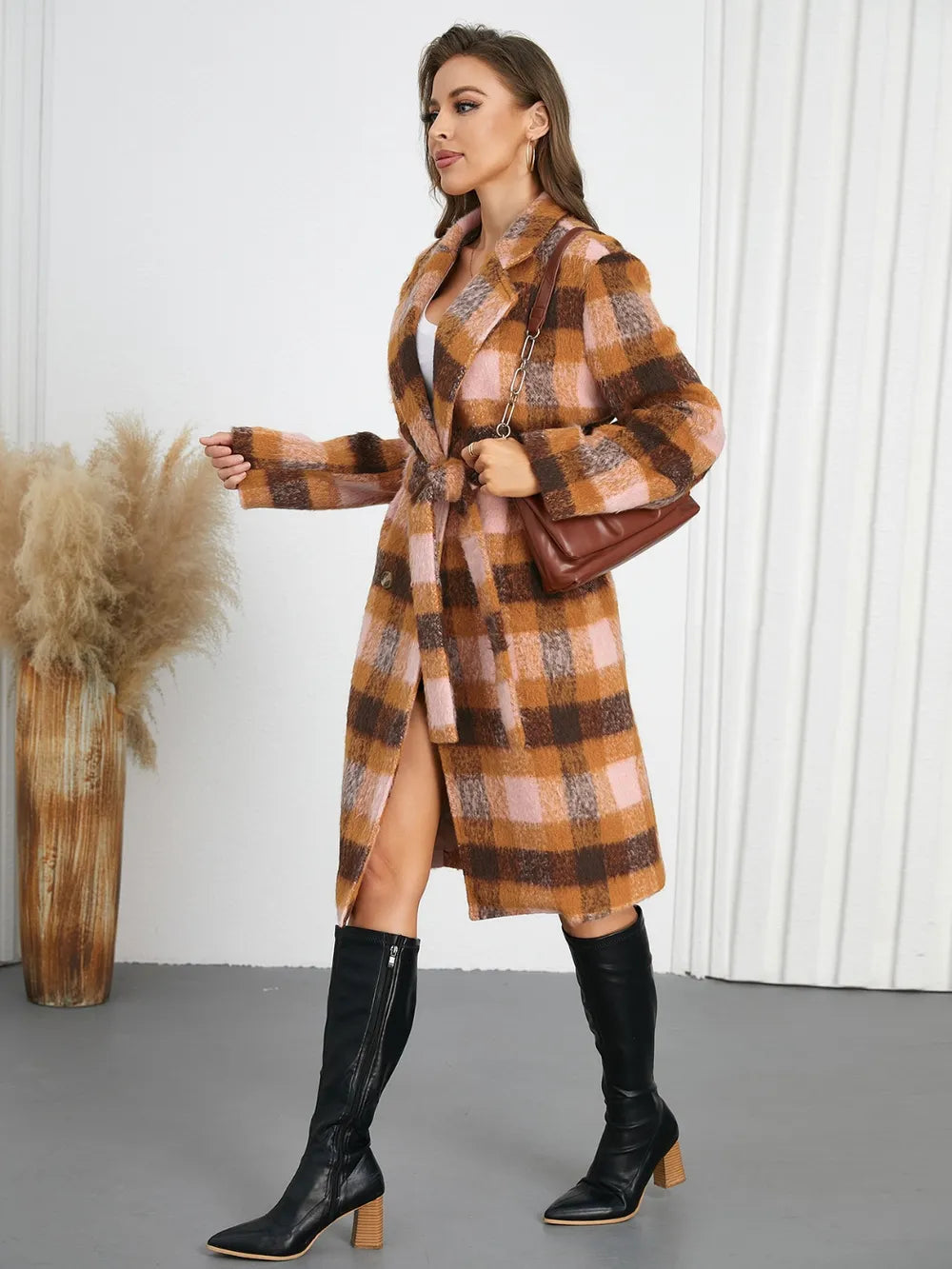Tied Plaid Collared Neck Coat - Watermelon Pink