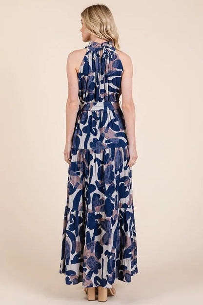 Abstract Halter Neck Tie-Waist Maxi Dress -