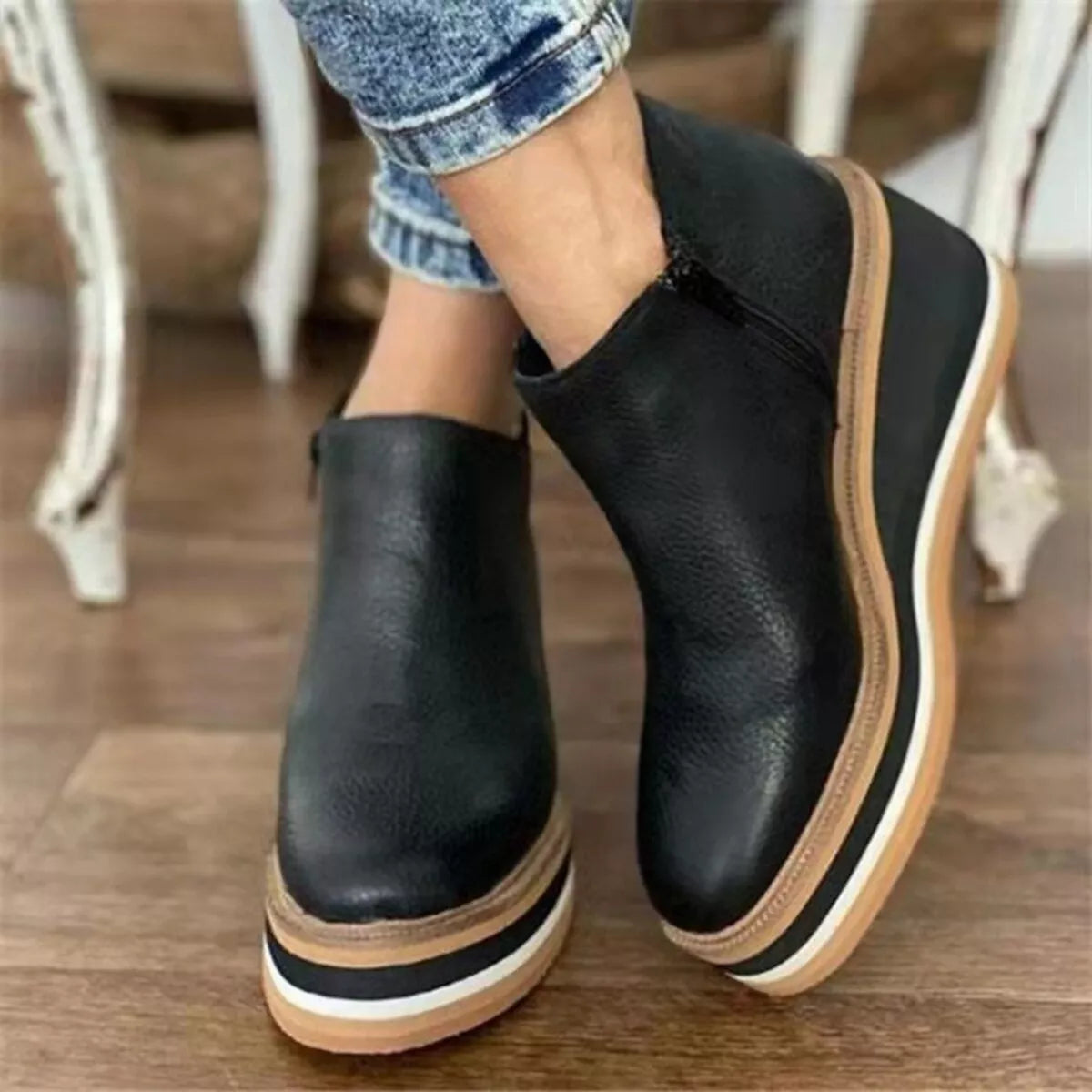 Ankle Wedge Boots with Zipper - Black