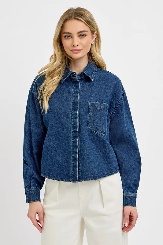 Button Up Long Sleeve Denim Shacket - Dark