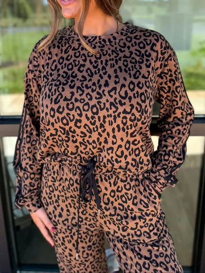 Striped Trim Leopard Long Sleeve Top Drawstring Pant Set -