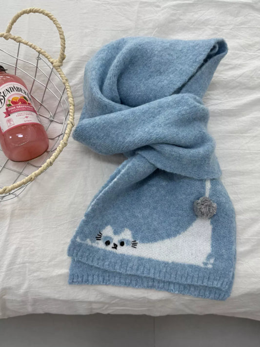 Cute Cat Knitted Scarf - Blue One Size