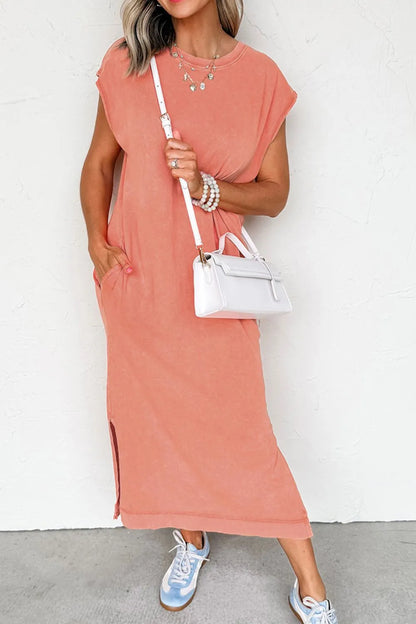 Side Split Round Neck Cap Sleeve T-Shirt Dress -