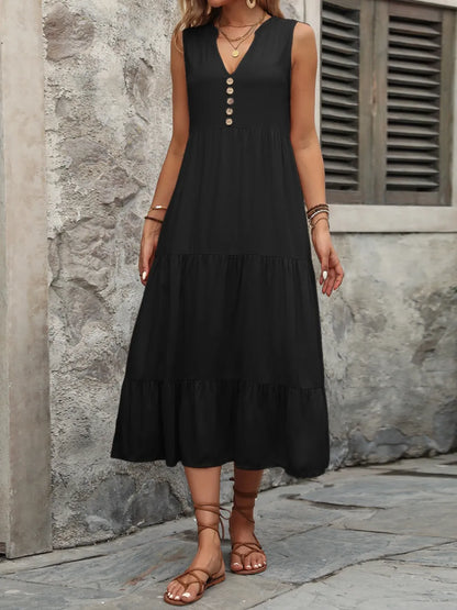 Decorative Button Notched Sleeveless Dress - Black