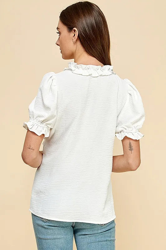 Ruffled Deep V-Neck Puff Sleeve Babydoll Top - Ivory