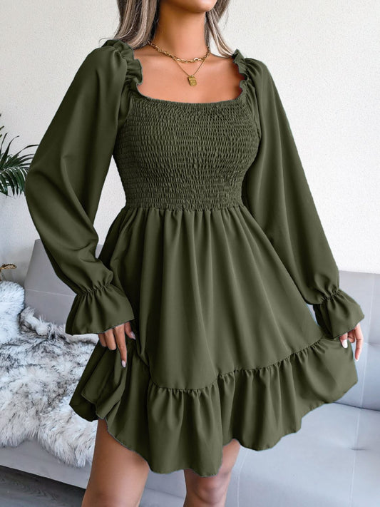 Smocked Flounce Sleeve Square Neck Dress | AdoreStarr