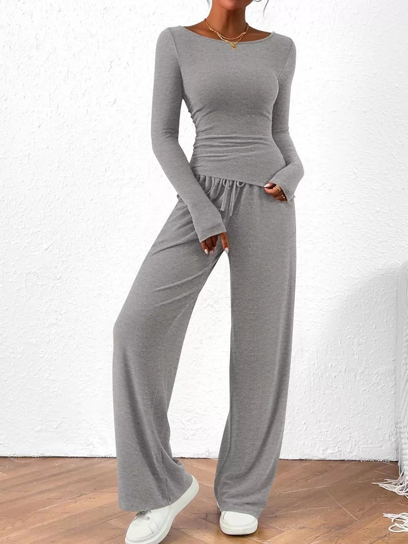 Long Sleeve Top and Wide Leg Pants Set - Gray