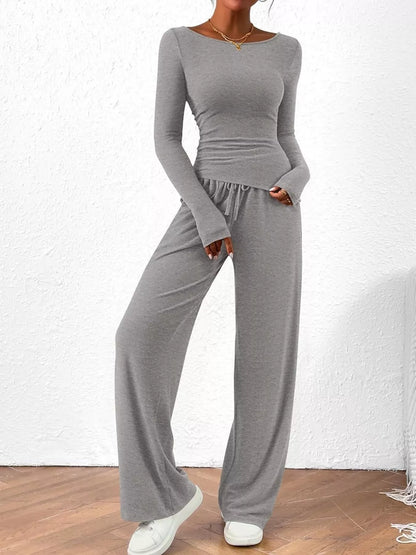Long Sleeve Top and Wide Leg Pants Set - Gray