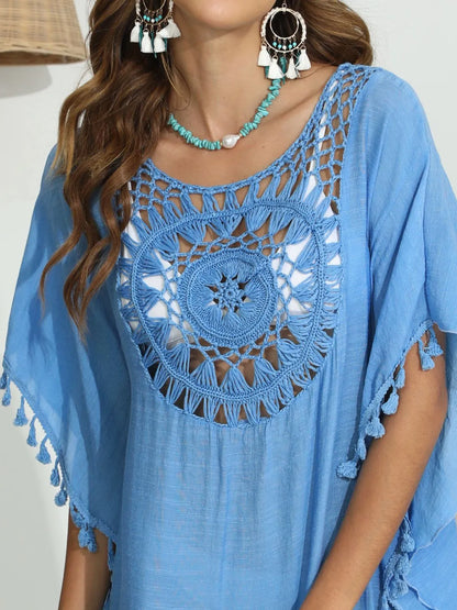 Tassel Crochet Round Neck Cover-Up -