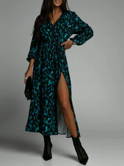 Printed Surplice Long Sleeve Midi Dress -