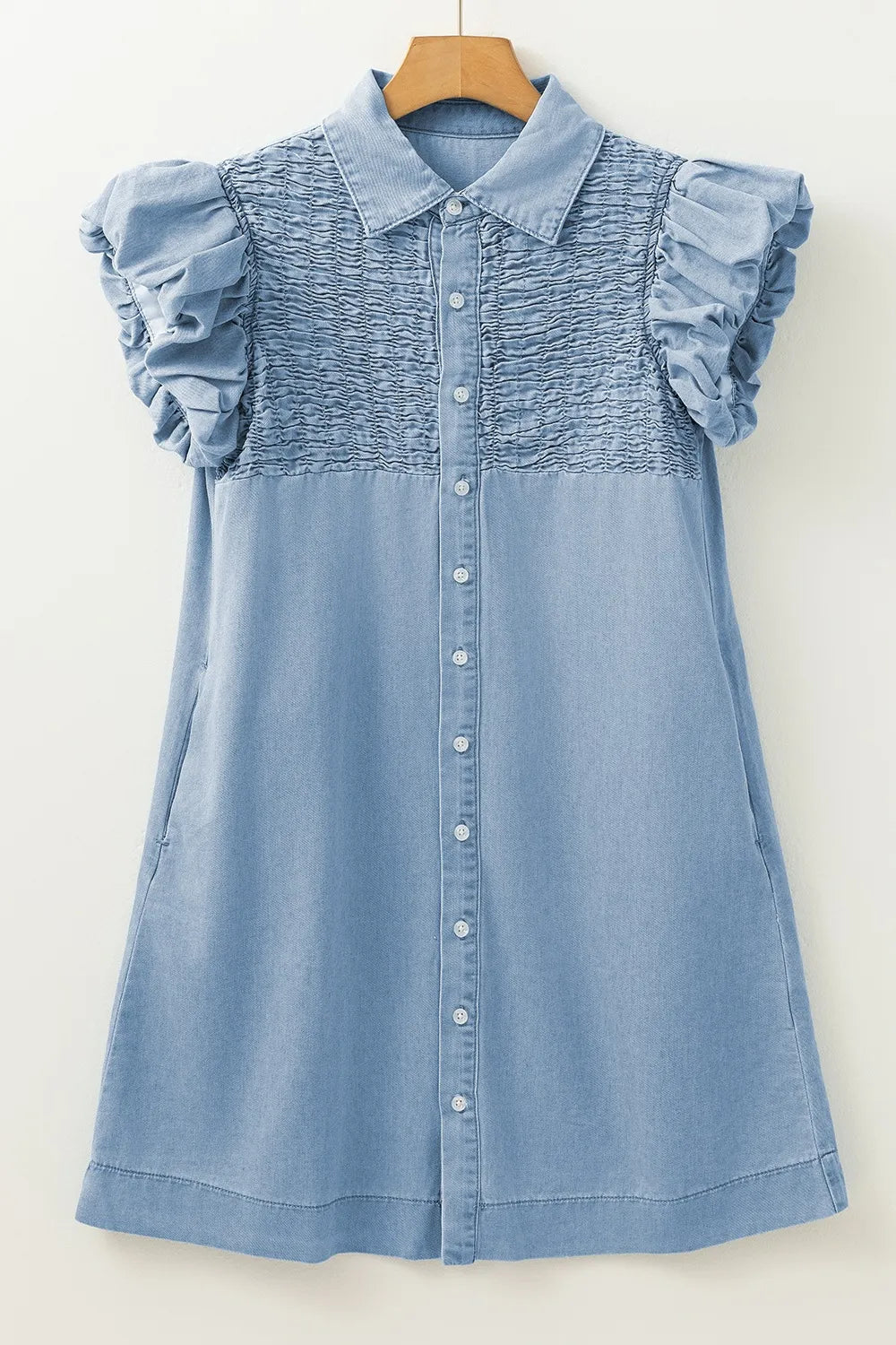 Smocked Collared Neck Cap Sleeve Denim Dress -