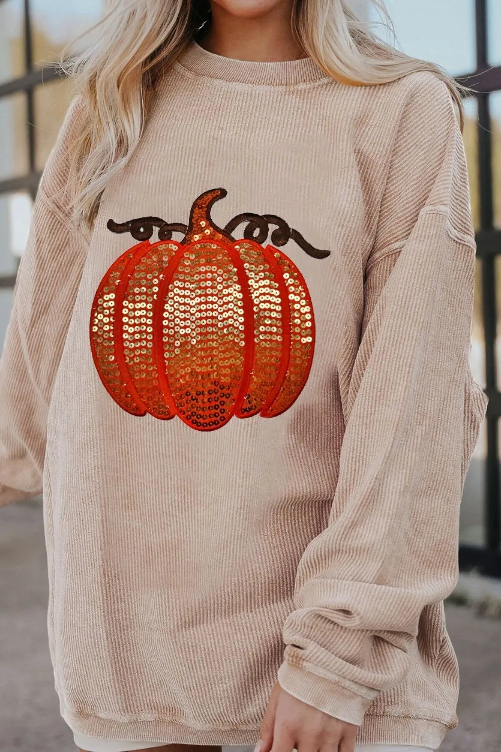 Sequin Pumpkin Round Neck Long Sleeve Sweatshirt - Eggshell