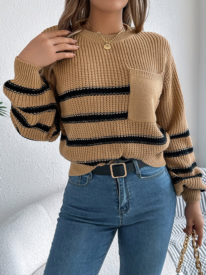 Striped Round Neck Long Sleeve Sweater - Caramel