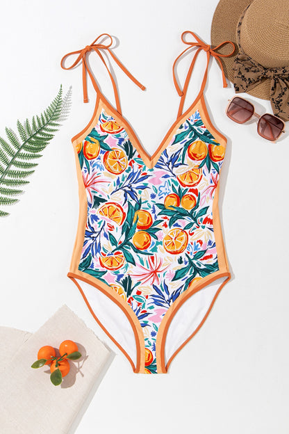 Printed V-Neck Tie Shoulder One-Piece Swimwear | AdoreStarr