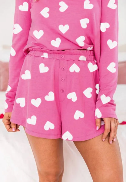Heart Long Sleeve Top and Elastic Waist Shorts Set -